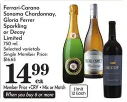 Pavilions Ferrari-Carano Sonoma Chardonnay, Gloria Ferrer Sparkling or Decoy offer