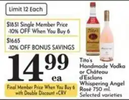 Pavilions Tito's Handmade Vodka or Chateau d'Esclans Whispering Angel Rosé offer