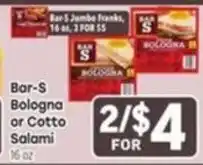 Tony’s Fresh Market Bar-S Bologna or Cotto Salami offer
