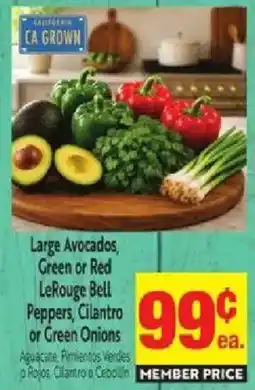 Save Mart California grown large avocados, green or red le rouge bell peppers, cilantro or green onions offer