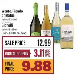Lowes Foods Wente, Riondo or Matua selected 750 ml offer