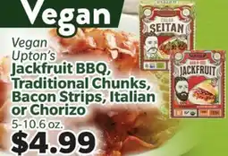 Living Fresh Market Vegan Upton's Jackfruit BBQ, Traditional Chunks, Bacon Strips, Italian or Chorizo offer