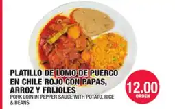 Carnicerias Jimenez PLATILLO DE LOMO DE PUERCO EN CHILE ROJO CON PAPAS, ARROZ Y FRIJOLES offer