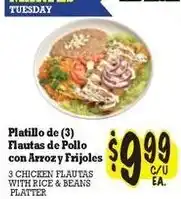La Michoacana Platillo de (3) Flautas de Pollo con Arroz y Frijoles offer