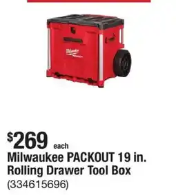 The Home Depot Milwaukee packout 19 in. rolling drawer tool box offer