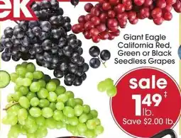 Giant Eagle Giant Eagle California Red, Green or Black Seedless Grapes offer