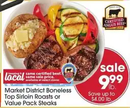 Giant Eagle Market District Boneless Top Sirloin Roasts or Value Pack Steaks offer