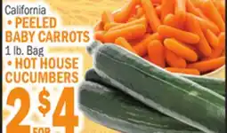 Bravo Supermarkets California PEELED BABY CARROTS, 1 lb. Bag HOT HOUSE CUCUMBERS offer