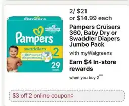Walgreens Pampers Cruisers 360, Baby Dry or Swaddler Diapers Jumbo Pack offer