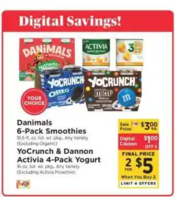ShopRite Danimals 6-Pack Smoothies / YoCrunch & Dannon Activia 4-Pack Yogurt offer