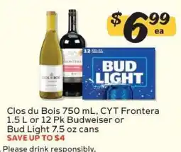 Winn Dixie Clos du Bois 750 mL, CYT Frontera 1.5 L or 12 Pk Budweiser or Bud Light 7.5 oz cans offer
