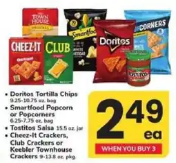 Safeway Doritos Tortilla Chips, Smartfood Popcorn or Popcorners, Tostitos Salsa, Cheez-It Crackers, Club Crackers or Keebler Townhous offer