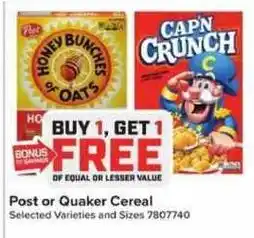 Giant Food Post or Quaker Cereal offer