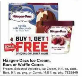 Giant Food Haagen-Dazs ice cream, bars or waffle cones offer