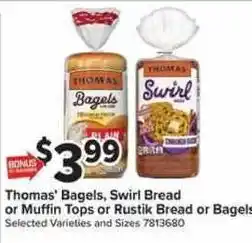Giant Food Thomas' Bagels, Swirl Bread or Muffin Tops or Rustik Bread or Bagels offer