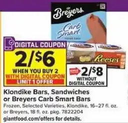 Giant Food Klondike Bars, Sandwiches or Breyers Carb Smart Bars offer