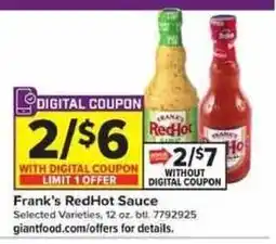 Giant Food Frank's RedHot Sauce offer
