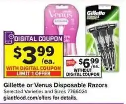 Giant Food Gillette or Venus Disposable Razors offer
