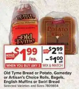 Giant Food Old Tyme Bread or Potato, Gameday or Artisan's Choice Rolls, Bagels, English Muffins or Swirl Bread offer