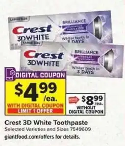 Giant Food Crest 3D White Toothpaste offer