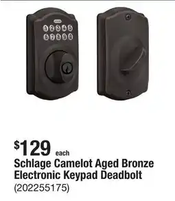 The Home Depot Schlage Camelot Aged Bronze Electronic Keypad Deadbolt offer