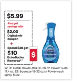 CVS Dawn Ultra 30-38 oz, Power Suds 17.4 oz, EZ-Squeeze 18-22 oz or Powerwash spray 16 oz offer