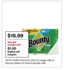CVS Charmin Ultra 12 mega rolls or Bounty Select-A-Size 6 double rolls offer