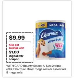 CVS Bounty Select-A-Size 2 triple rolls, Charmin Ultra 6 mega rolls or essentials 9 mega rolls offer