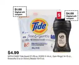 CVS Tide liquid 27-29 oz, PODS 11-14 ct., Gain flings! 14-15 ct., fireworks 5 oz or Downy Beads 4.8-5 oz offer