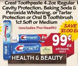 Dearborn Market Crest Toothpaste Regular Cavity Protection, Baking Soda & Peroxide Whitening, or Tartar Protection or Oral B Toothbrush offer