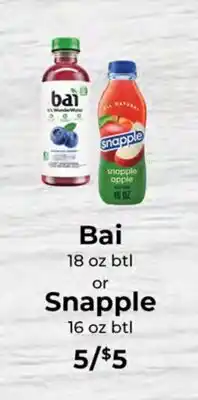 Sunset Foods Bai 18 oz btl or Snapple 16 oz btl offer