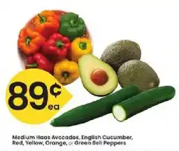 Albertsons Medium Haas Avocados, English Cucumber, Red, Yellow, Orange, or Green Bell Peppers offer