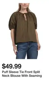 TJ Maxx Puff Sleeve Tie Front Split Neck Blouse With Seaming offer