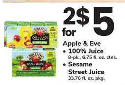 ACME Apple & Eve 100% Juice 8-pk., 6.75 fl. oz. ctns., Sesame Street Juice 33.76 fl. oz. pkg offer