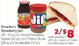 Family Fare Smucker's Strawberry Jam or Natural Strawberry Spread or Jif Peanut Butter or Squeezable offer