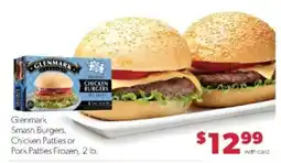 Family Fare Glenmark Smash Burgers, Chicken Patties or Pork Patties Frozen offer