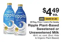 Fairway Store Market Ripple Plant-Based Sweetened or Unsweetened Milk offer