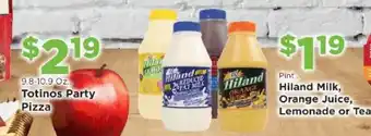 Hiland milk, orange juice, lemonade or tea