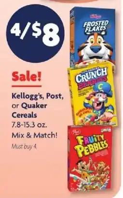 Family Dollar Kellogg's, Post, or Quaker Cereals offer