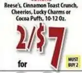 Fresco Supermarket Reese's Cinnamon Toast Crunch, Cheerios, Lucky Charms or Cocoa Puffs offer