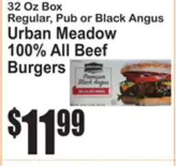 SuperFresh 32 Oz Box Regular, Pub or Black Angus Urban Meadow 100% All Beef Burgers offer
