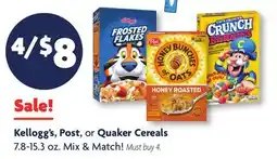 Family Dollar Kellogg's, Post, or Quaker Cereals offer