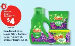 Family Dollar Gain Liquid 39 oz., Liquid Fabric Softener 35 oz., Flings 14 ct., or Dryer Sheets 105 ct offer