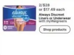 Walgreens Always Discreet Liners or Underwear offer