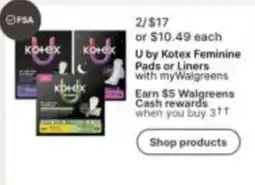 Walgreens U by Kotex Feminine Pads or Liners offer