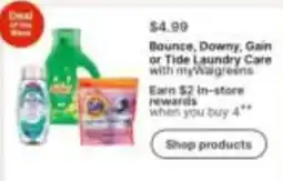 Walgreens Bounce, Downy, Gain or Tide Laundry Care with myWalgreens offer