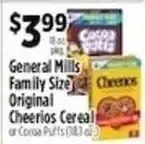Pioneer Supermarkets General Mills Family Size Original Cheerios Cereal or Cocoa Puffs offer