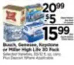 Tops Budweiser, Genesee, Keystone or Miller High Life 30 Pack offer