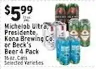 Associated Michelob Ultra, Presidente, Kona Brewing Co. or Beck's Beer 4 Pack offer