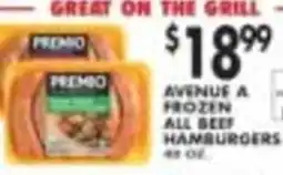 Pioneer Supermarkets Premio frozen all beef hamburgers offer